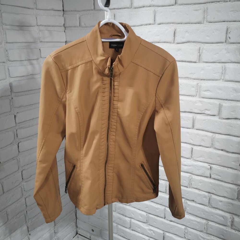 New Look Ladies Size Medium Faux Leather Dark Tan Fully Lined Full Zip Jacket